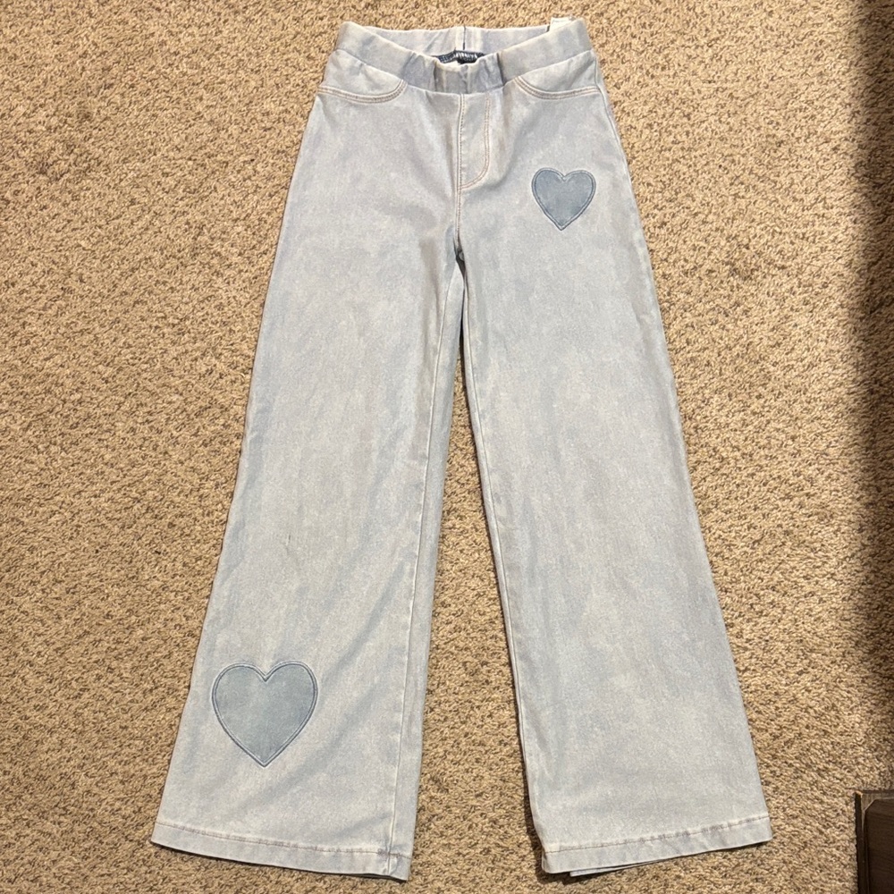 H&M Light Blue Heart Patch Girls Wide Leg Stretchy Jeans
